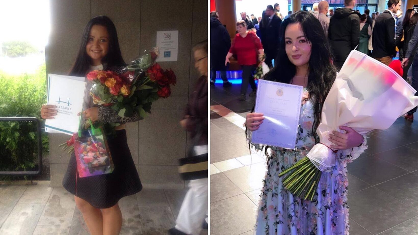 Vasakpoolsel fotol on Diana lõpetanud just Taani Ülikooli, parempoolsel hoiab käes õendust diplomit.