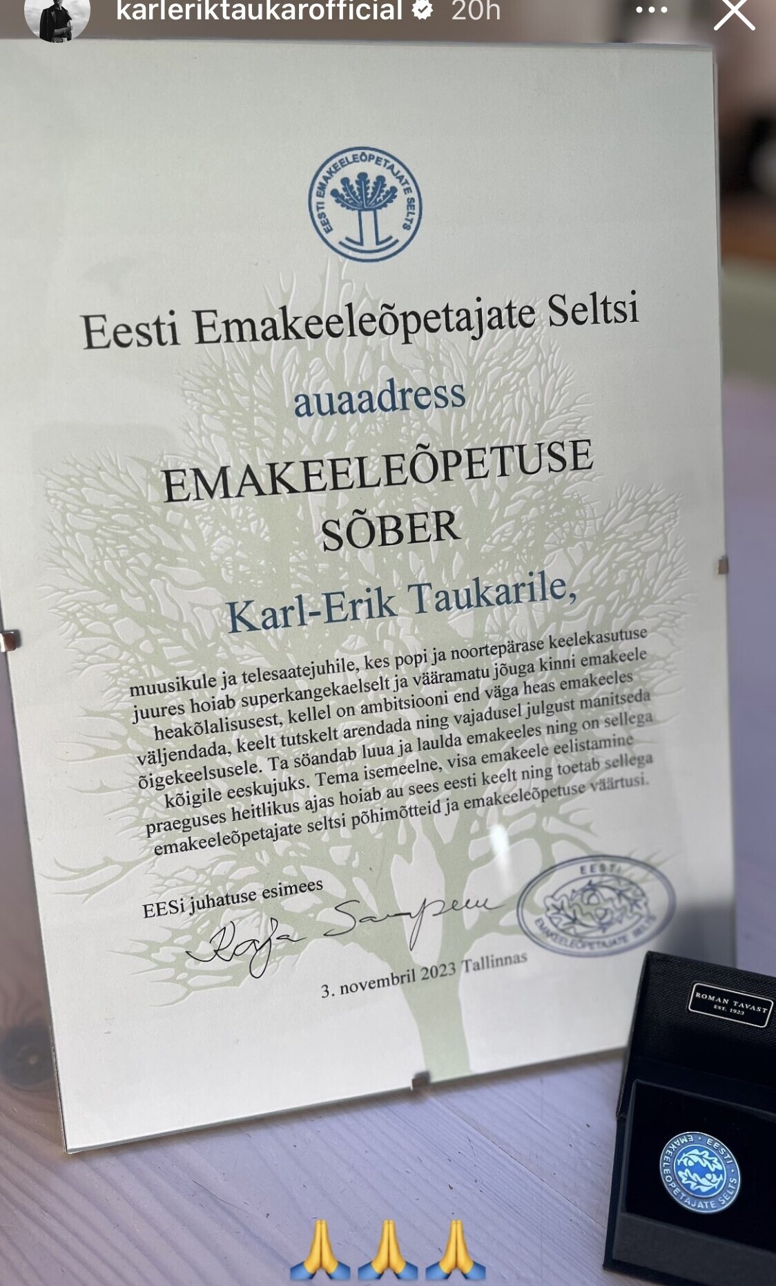 Karl-Erik Taukar sai tunnustuse