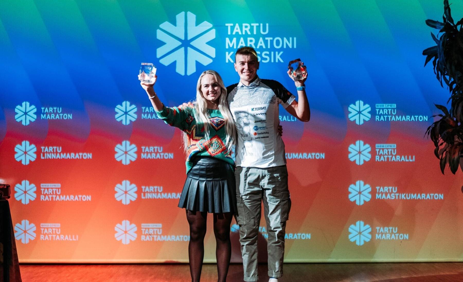Tartu Maratoni Klassik 2023 võitjad Ann-Christine Allik ja Kristo Prangel.